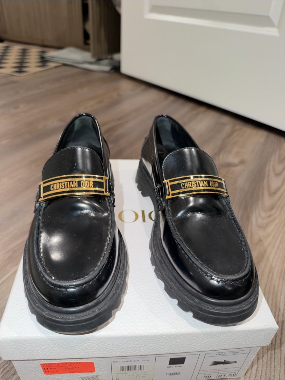 Dior Black Leather Loafers with Gold Christian Dior Strap
